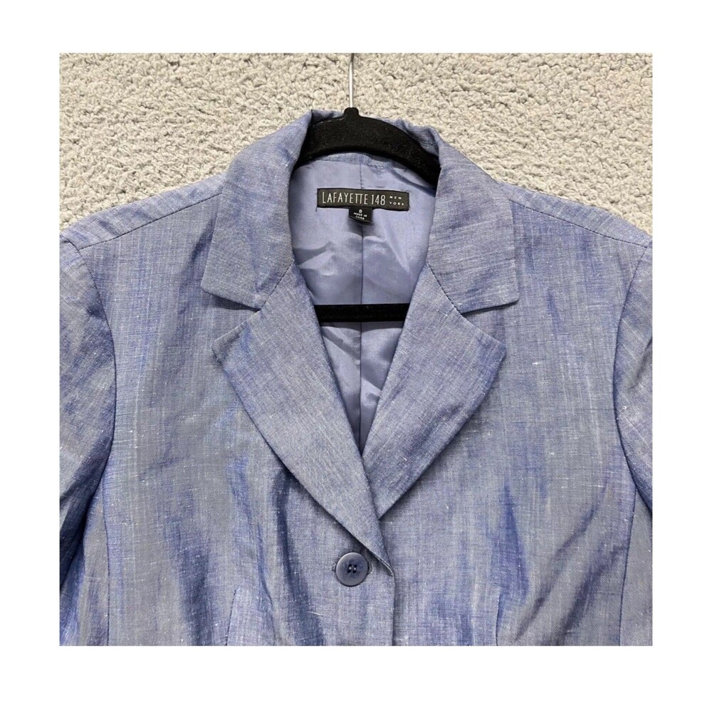 Lafayette 148 Blazer Womens 8 Blue Linen Wool Chambray Classy Preppy Nautical - Picture 11 of 12